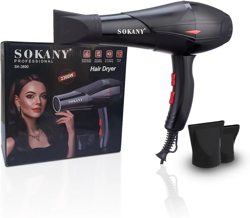 مجفف شعر سوكاني – 2300 واط, سرعتين, ضغط هواء قوي لتجفيف سريع  مع مولد أيونات سالبة بسرعتين و3 إعدادات للحرارة بسلك طويل أسودHS-3890