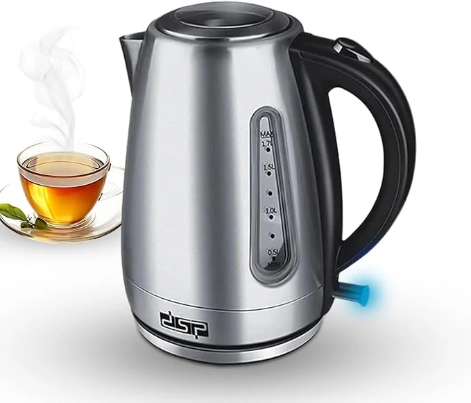 غلاية كهربائية DSP - غليان سريع، إيقاف تشغيل تلقائي، حماية من الغليان الجاف، مؤشر ضوئي LED، غلاية مياه من الفولاذ المقاوم للصدأ (KK1137، سعة 1.7 لتر)