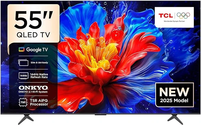 تلفزيون TCL بحجم 55 بوصة |طاقة 150 واط، شاشة كيو إل إي دي QLED بدقّة 4K | معدل تحديث 144 هرتز مخصص للألعاب | نظام صوت أونكيو 2.1 مع دولبي أتموس | يعمل بنظام جوجل تي في | يدعم دولبي فيجن و HDR10+ إصدار