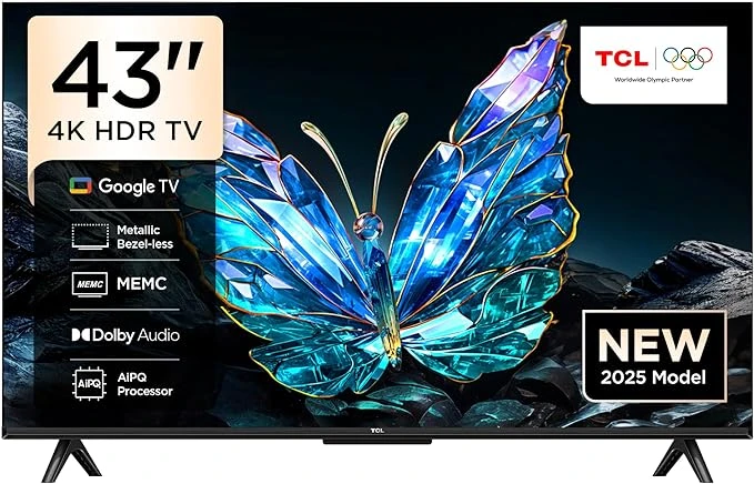 تلفزيون TCL ذكي بحجم 43 بوصة بدقّة 4K فائق الوضوح | قوة 70 واط، تقنية المدى الديناميكي العالي HDR10+ ودولبي فيجن | صوت دولبي أتموس | يعمل بنظام جوجل تي في | تقنية تحسين الحركة MEMC |  وضع الألعاب جيم