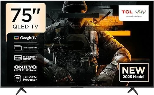 تلفزيون TCL للألعاب بحجم 75 بوصة | 250 واط ،شاشة QLED بدقة 4K | معدل تحديث 144 هرتز | تقنية Dolby Vision وHDR10+ | نظام صوت أونكيو 2.1 مع Dolby Atmos | يعمل بنظام جوجل تي في موديل 2025  75P8K