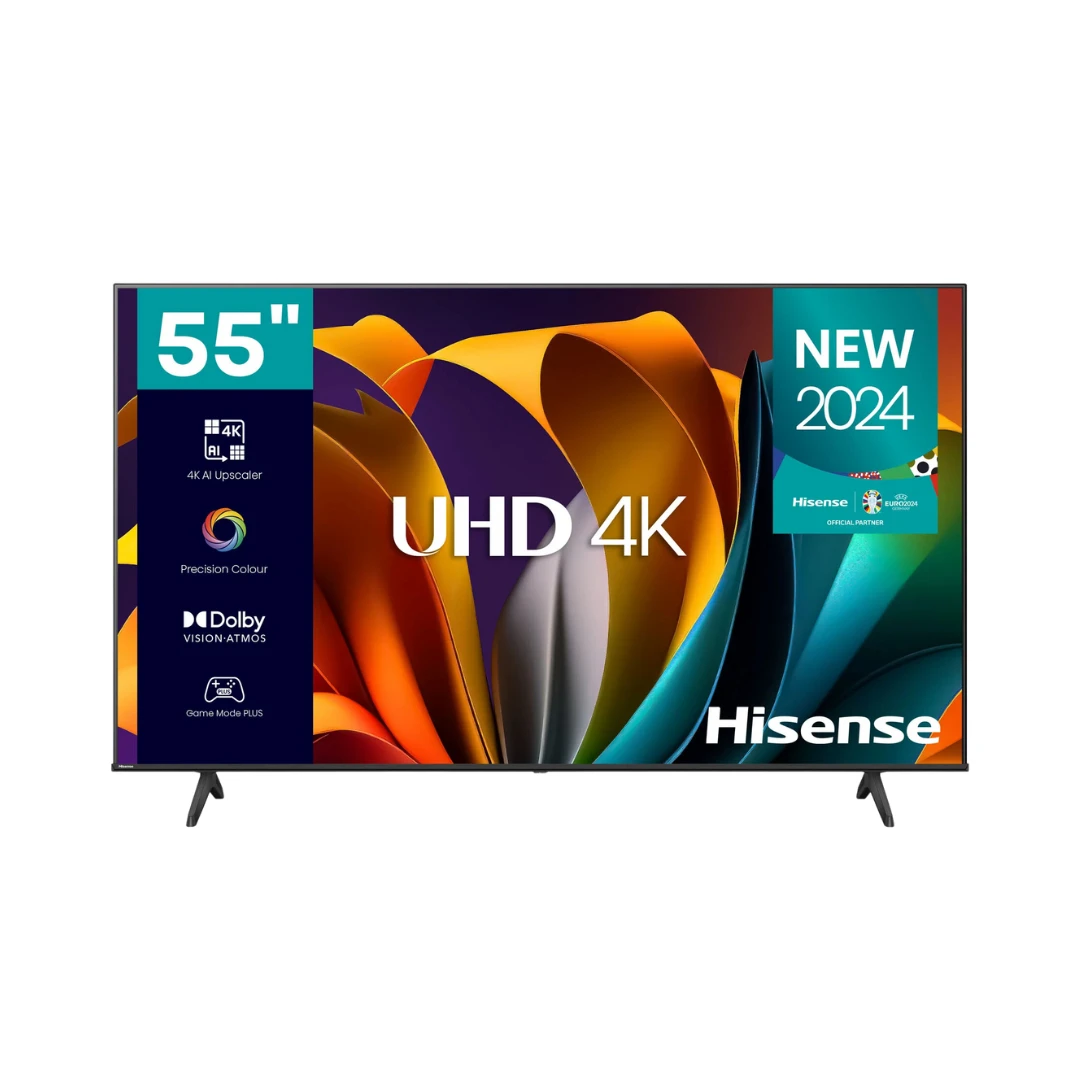 تلفزيون هايسنس مقاس 55 بوصة – دقّة 4K UHD، استهلاك 150 واط، نظام ذكي VIDAA، ألوان محسّنة بتقنية HDR ودولبي فيجن 55A62NS