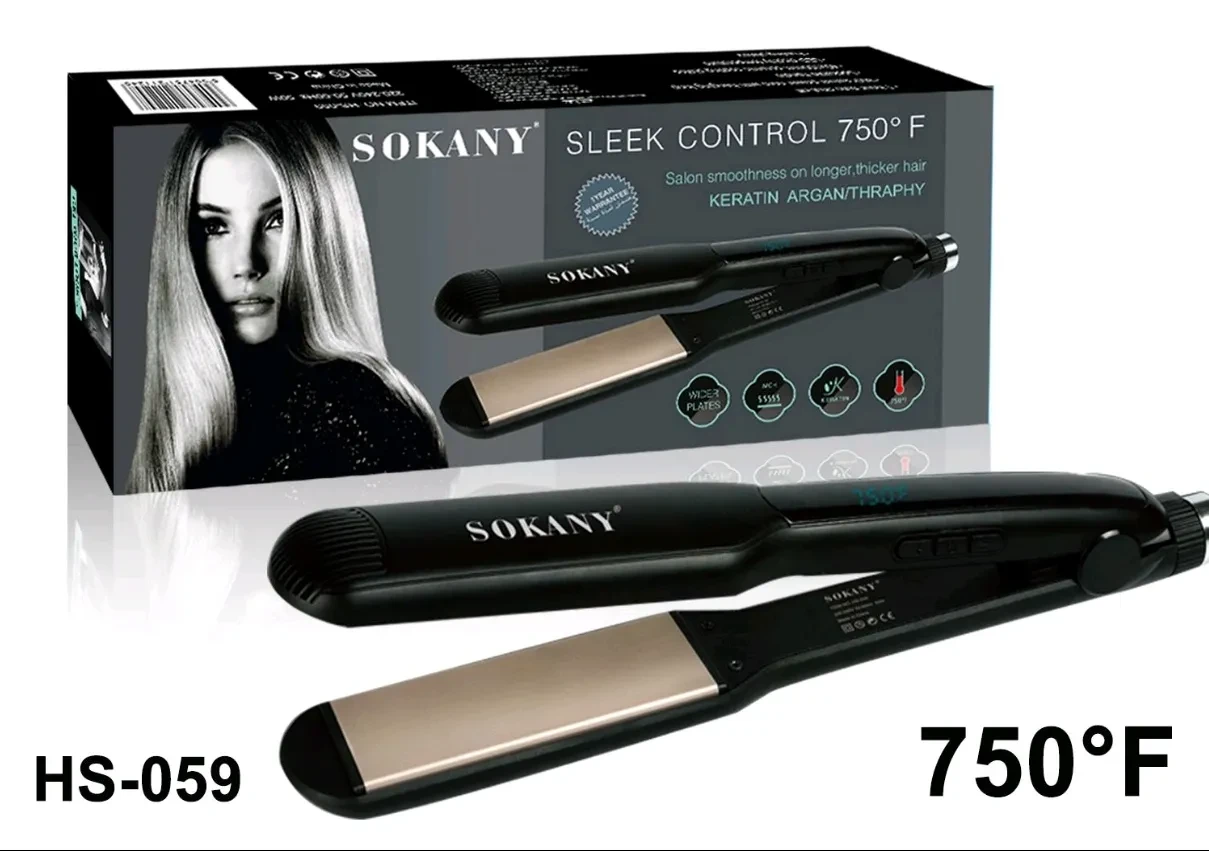 مملّس شعر Sokany – ألواح سيراميك/تورمالين، ضبط حرارة مخصص، تصميم سلك دوّار 360° HS-059