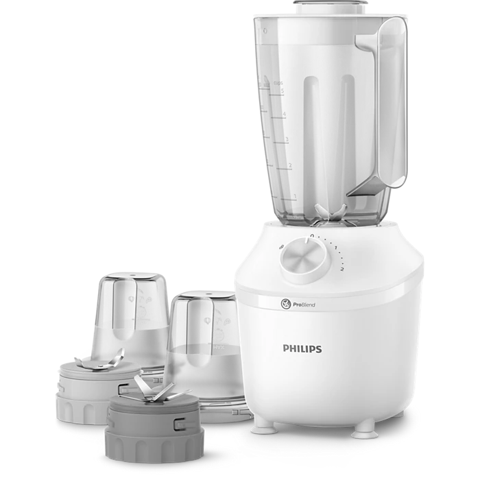 خلاط فيليبس (سلسلة 3000) 3 في 1 | قوة 600 واط | وعاء 2 لتر مع مطحنة ومفرمة | لون أبيض - الموديل HR2191/30