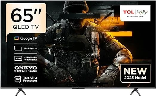 تلفزيون TCL ذكي بحجم 65 بوصة | استهلاك 128 واط، شاشة QLED بدقة 4K | دعم HDR10+ | معدل تحديث أصلي 144 هرتز للألعاب | دولبي أتموس وDTS فيرتشوال X | تقنية MEMC | وضع الألعاب جيم ماستر | يعمل بنظام جوجل ت