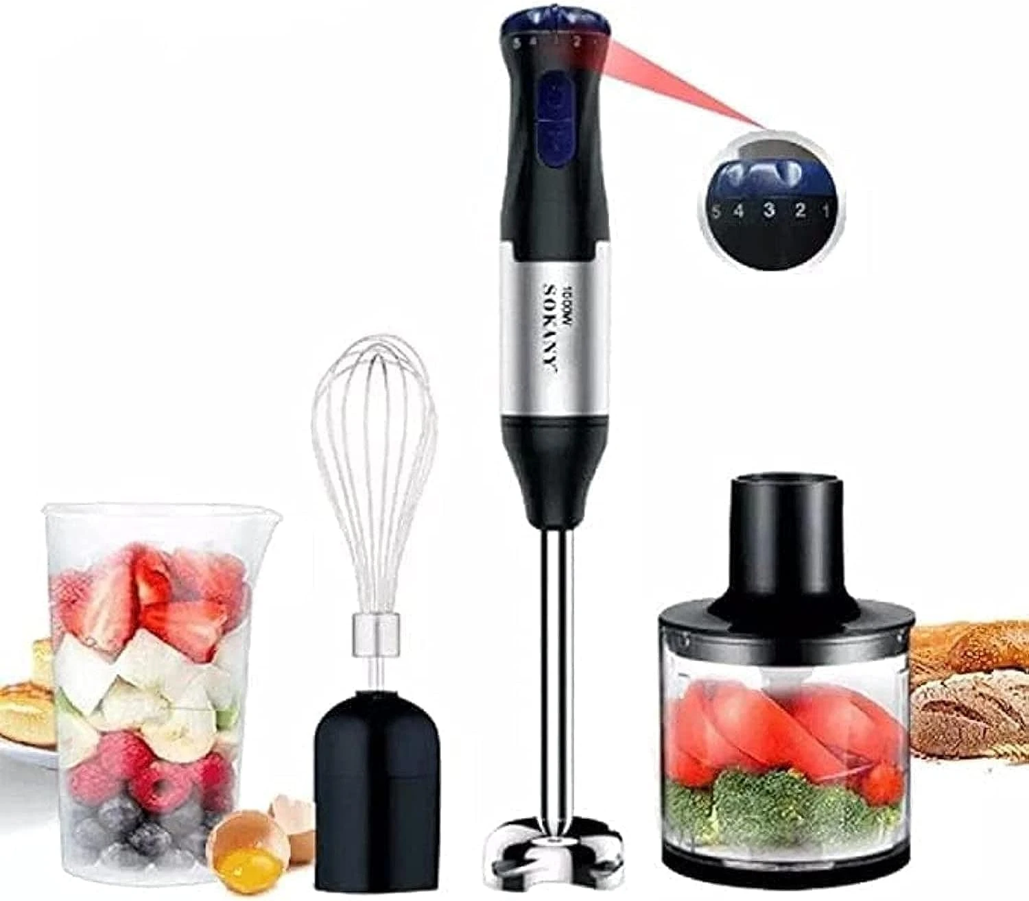 خلاط يدوي 4 في 1 من سوكاني ماكينة تحضير الطعام - 1000 واط كيلو متعدد الالوان موديل SK-1711-4