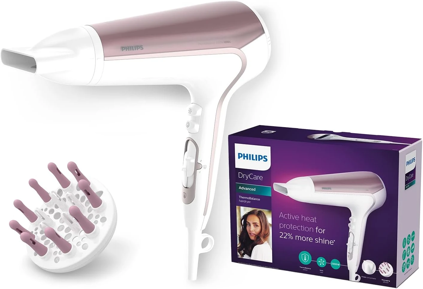 مجفف الشعر فيليبس  | قوة 2200 واط و ThermoProtect | تقنية أيونية | اللون الأبيض BHD186